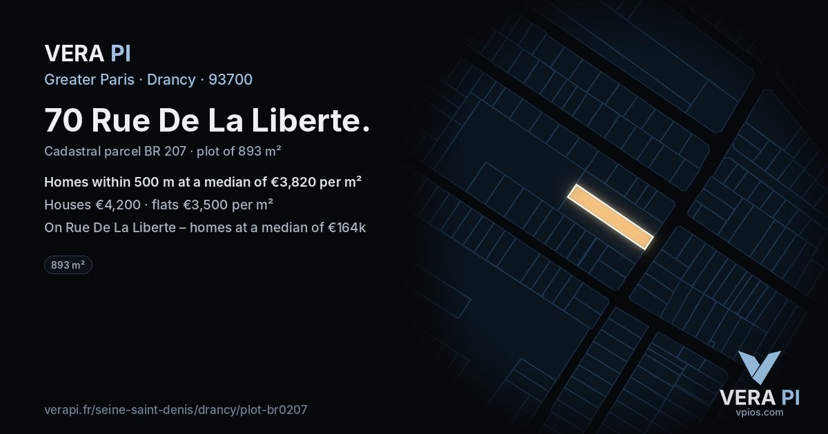 70 Rue De La Liberte, Drancy at night – the plot lit, the parcels around coloured by the prices near them