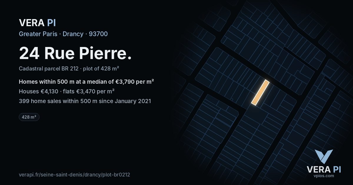 24 Rue Pierre, Drancy at night – the plot lit, the parcels around coloured by the prices near them