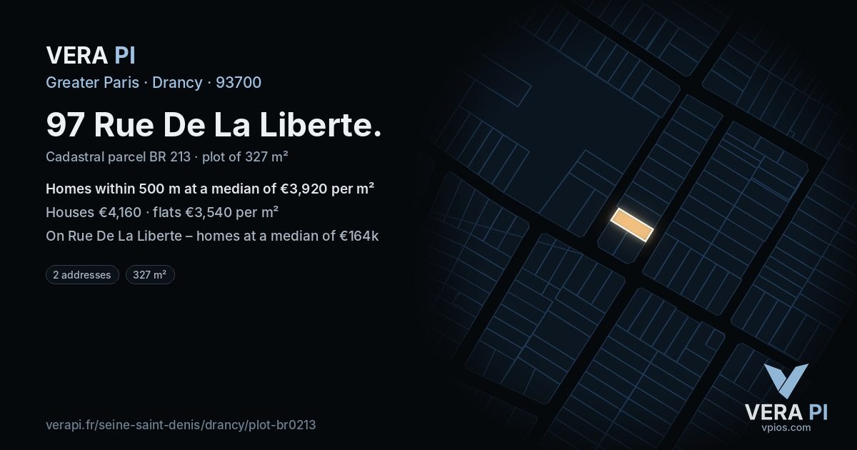 97 Rue De La Liberte, Drancy at night – the plot lit, the parcels around coloured by the prices near them