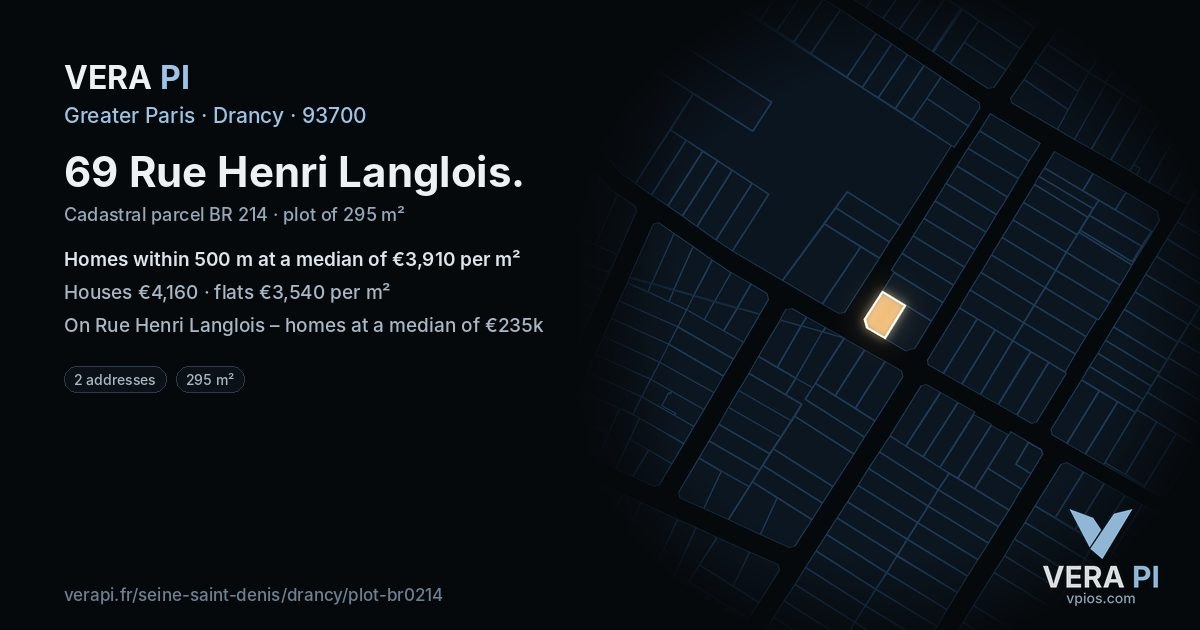 69 Rue Henri Langlois, Drancy at night – the plot lit, the parcels around coloured by the prices near them