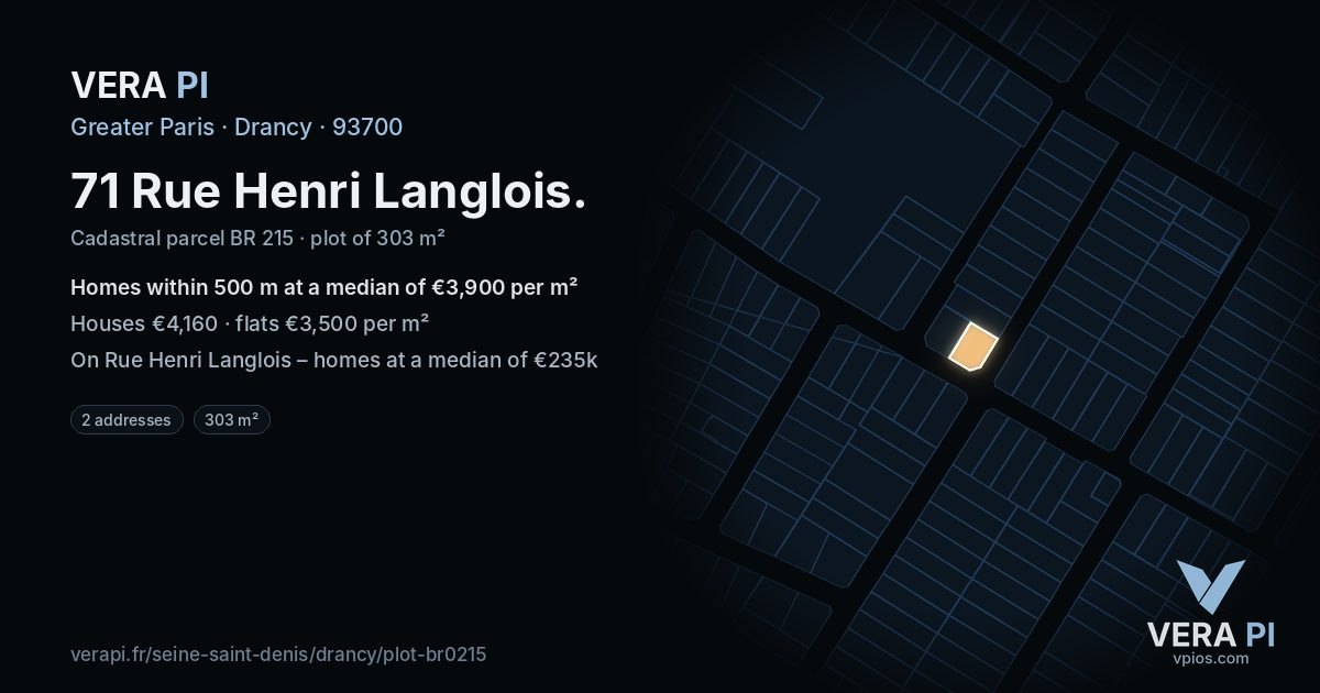71 Rue Henri Langlois, Drancy at night – the plot lit, the parcels around coloured by the prices near them