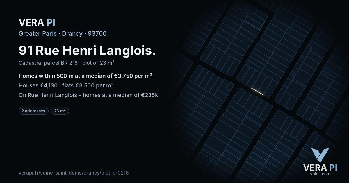 91 Rue Henri Langlois, Drancy at night – the plot lit, the parcels around coloured by the prices near them