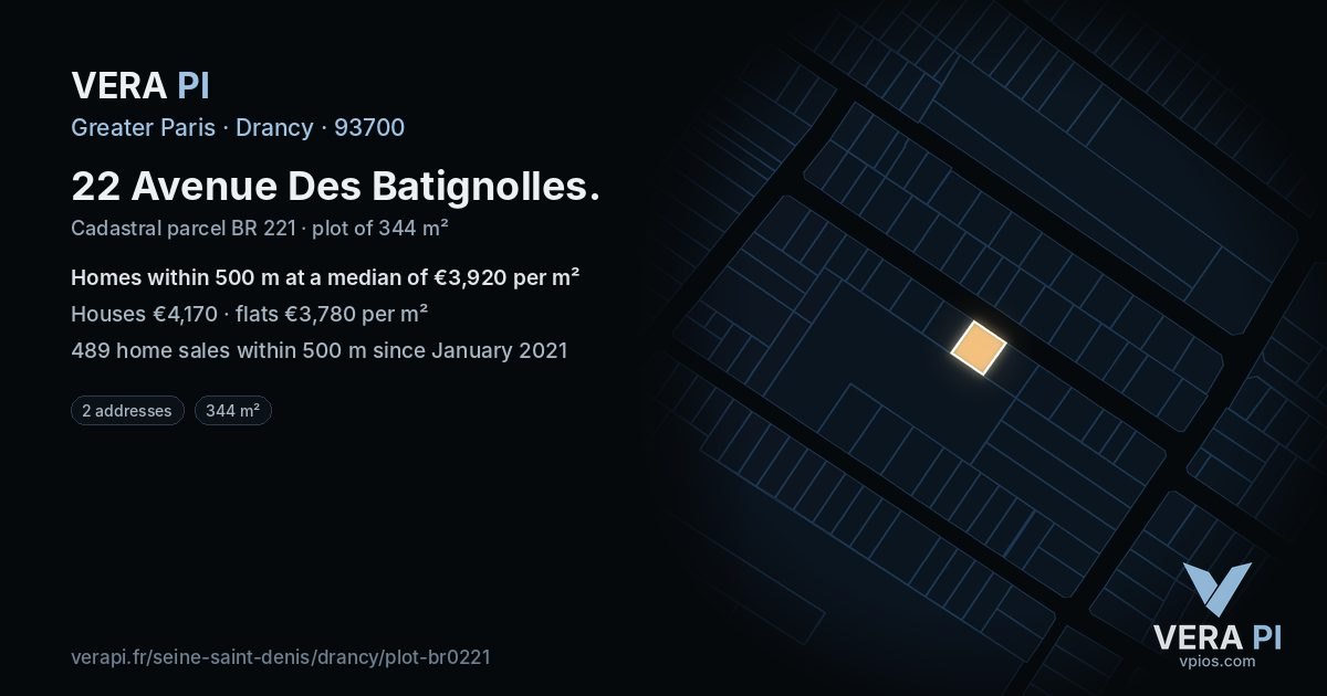 22 Avenue Des Batignolles, Drancy at night – the plot lit, the parcels around coloured by the prices near them