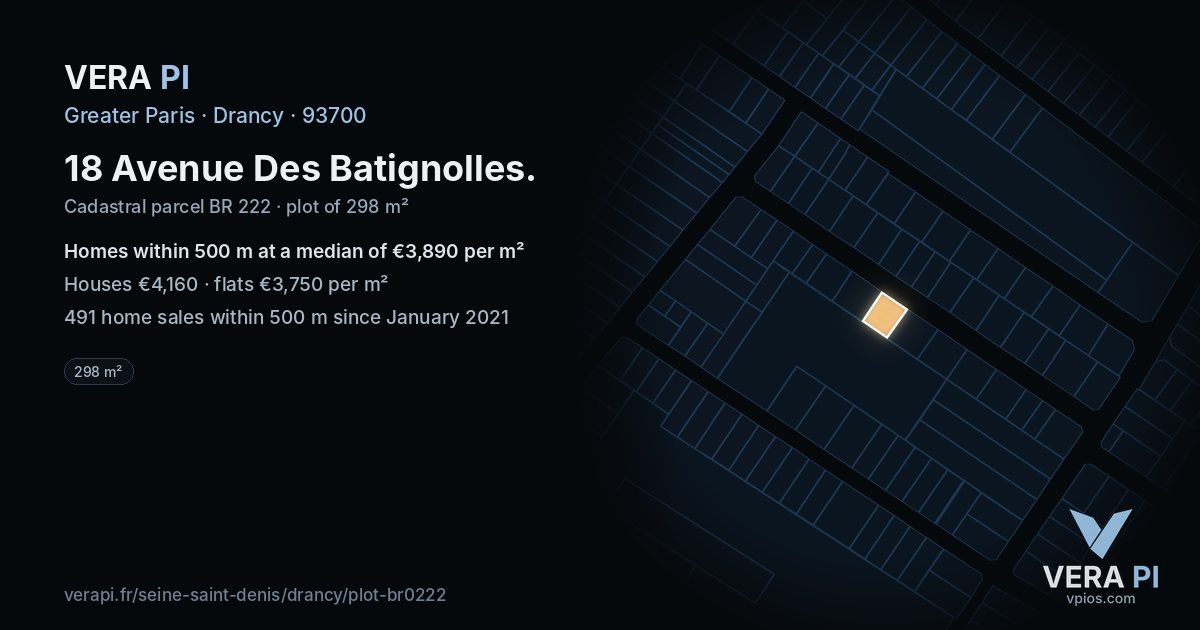 18 Avenue Des Batignolles, Drancy at night – the plot lit, the parcels around coloured by the prices near them