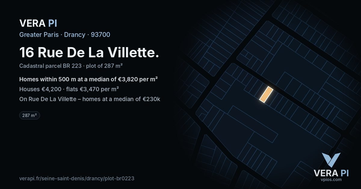 16 Rue De La Villette, Drancy at night – the plot lit, the parcels around coloured by the prices near them