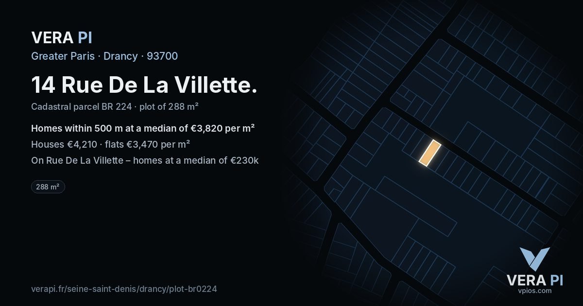 14 Rue De La Villette, Drancy at night – the plot lit, the parcels around coloured by the prices near them