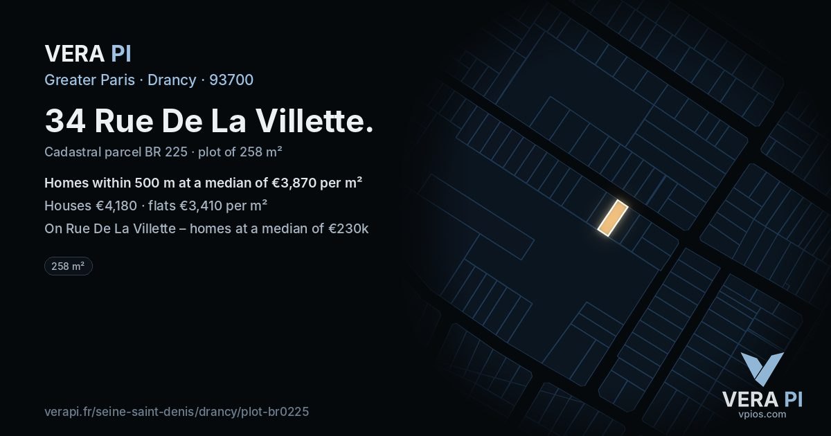 34 Rue De La Villette, Drancy at night – the plot lit, the parcels around coloured by the prices near them