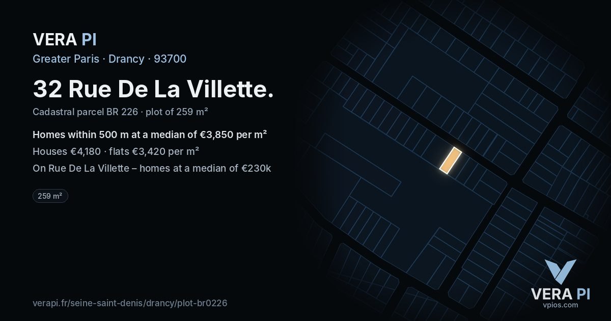32 Rue De La Villette, Drancy at night – the plot lit, the parcels around coloured by the prices near them