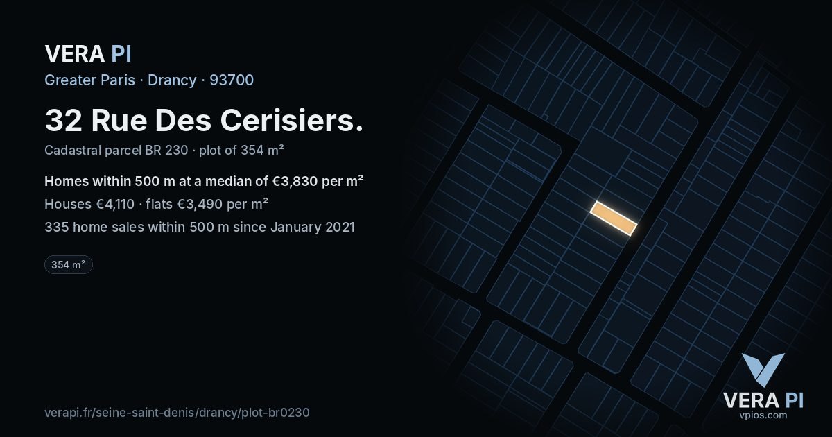 32 Rue Des Cerisiers, Drancy at night – the plot lit, the parcels around coloured by the prices near them