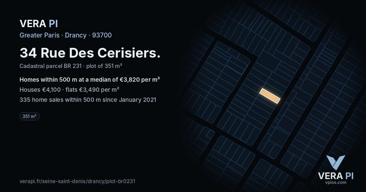 34 Rue Des Cerisiers, Drancy at night – the plot lit, the parcels around coloured by the prices near them