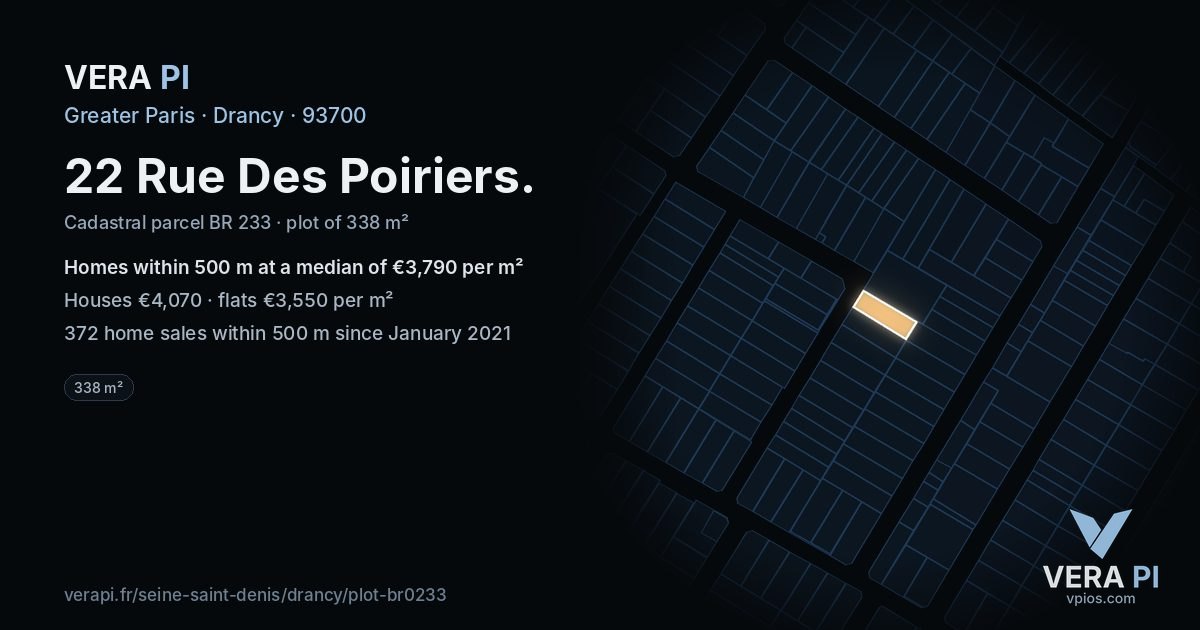 22 Rue Des Poiriers, Drancy at night – the plot lit, the parcels around coloured by the prices near them