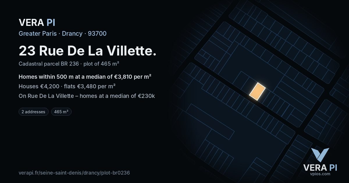 23 Rue De La Villette, Drancy at night – the plot lit, the parcels around coloured by the prices near them