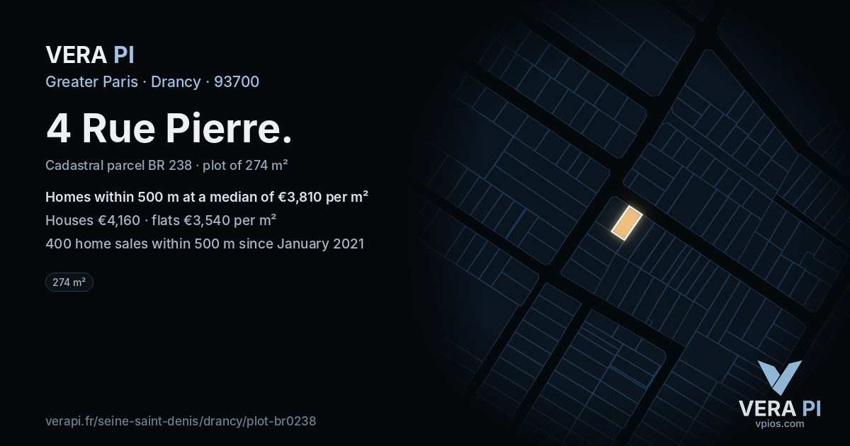 4 Rue Pierre, Drancy at night – the plot lit, the parcels around coloured by the prices near them