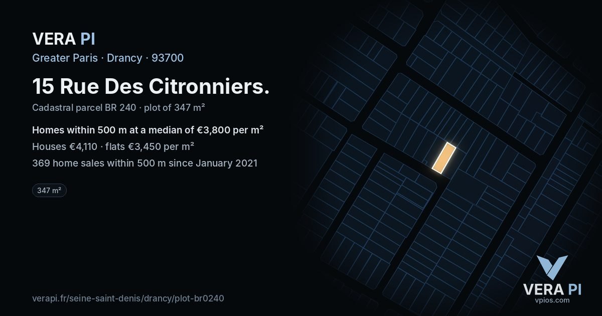 15 Rue Des Citronniers, Drancy at night – the plot lit, the parcels around coloured by the prices near them