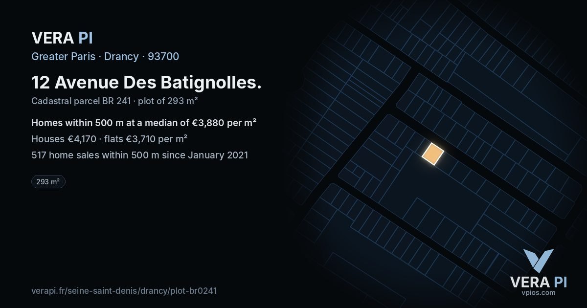 12 Avenue Des Batignolles, Drancy at night – the plot lit, the parcels around coloured by the prices near them