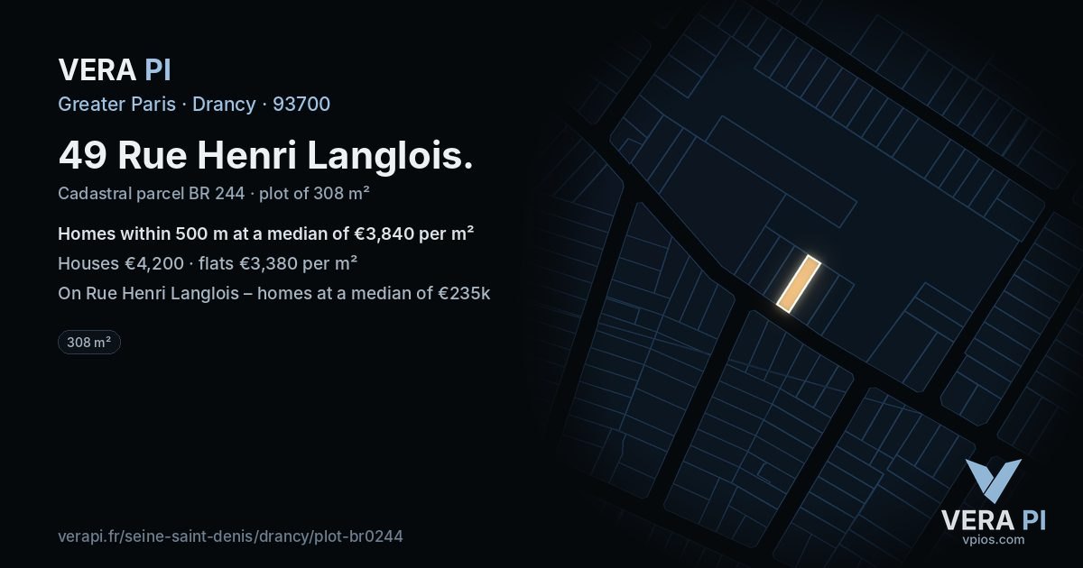 49 Rue Henri Langlois, Drancy at night – the plot lit, the parcels around coloured by the prices near them