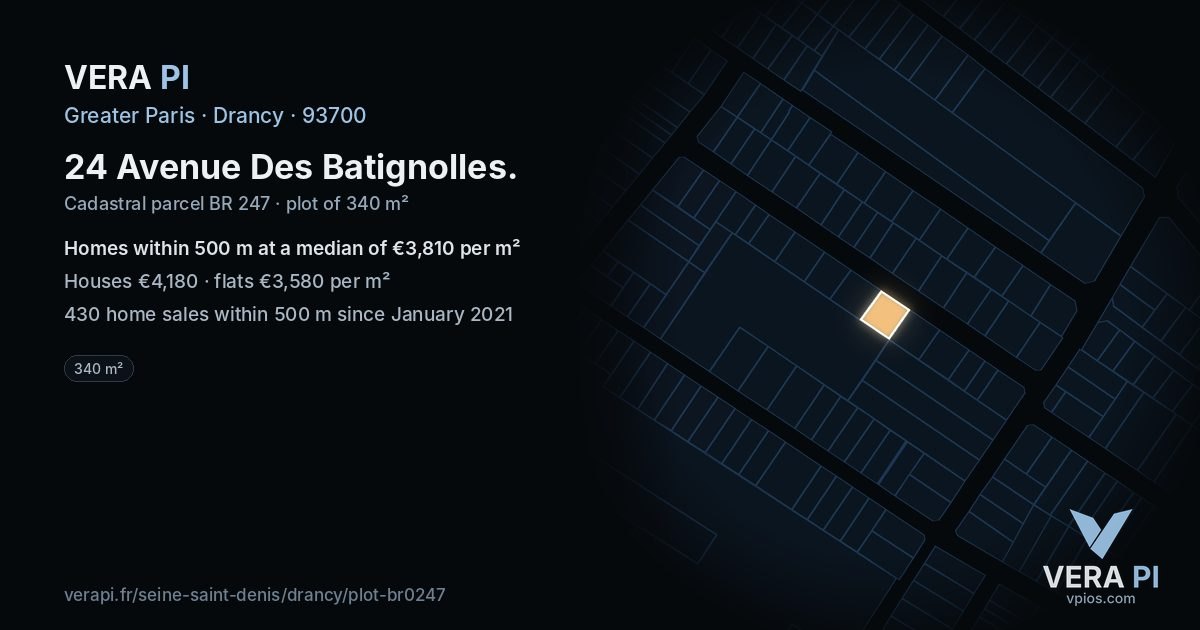 24 Avenue Des Batignolles, Drancy at night – the plot lit, the parcels around coloured by the prices near them