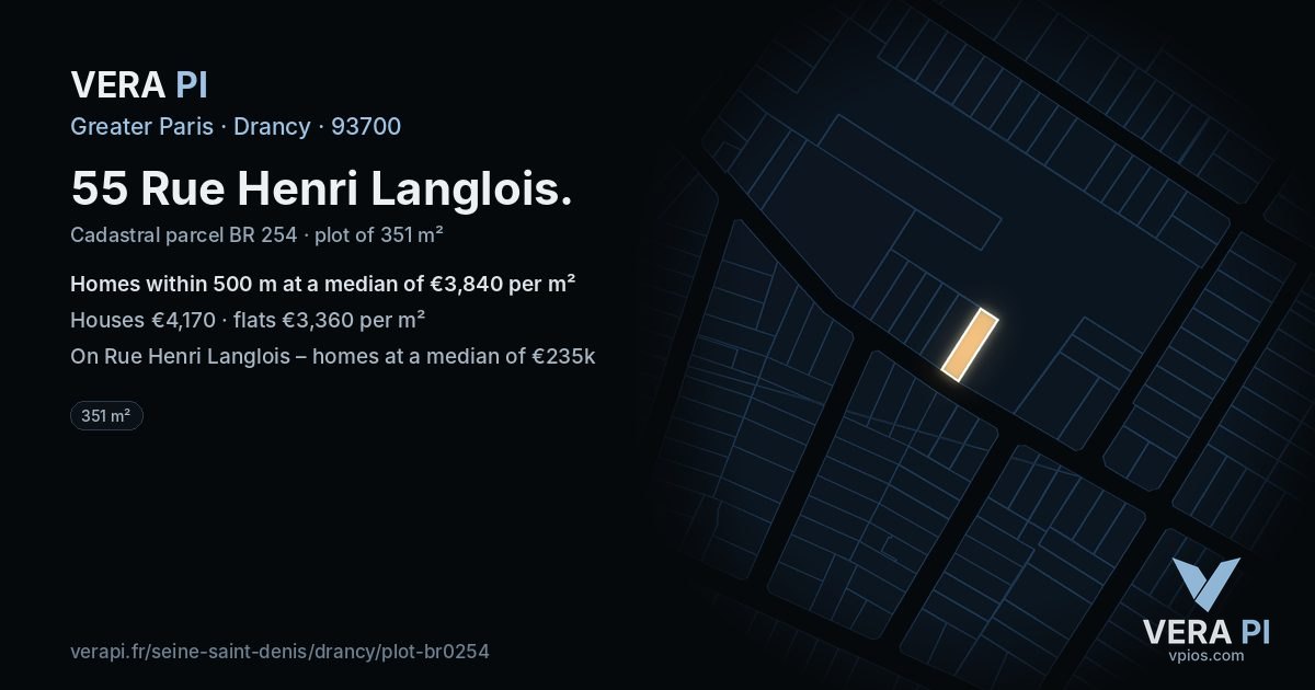 55 Rue Henri Langlois, Drancy at night – the plot lit, the parcels around coloured by the prices near them