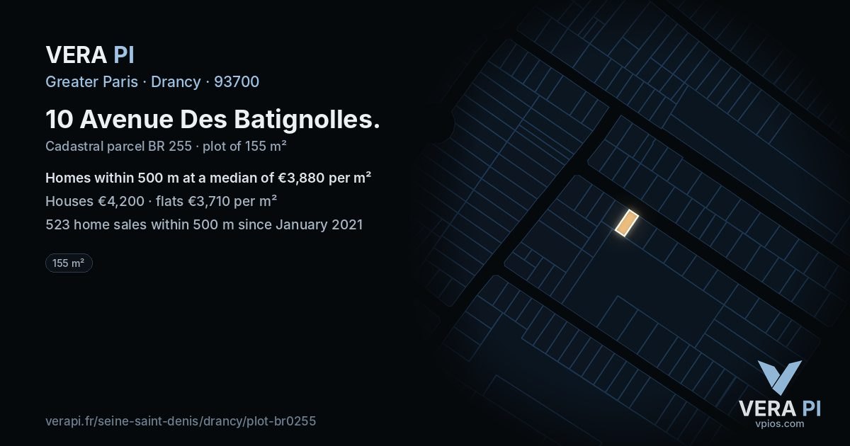 10 Avenue Des Batignolles, Drancy at night – the plot lit, the parcels around coloured by the prices near them