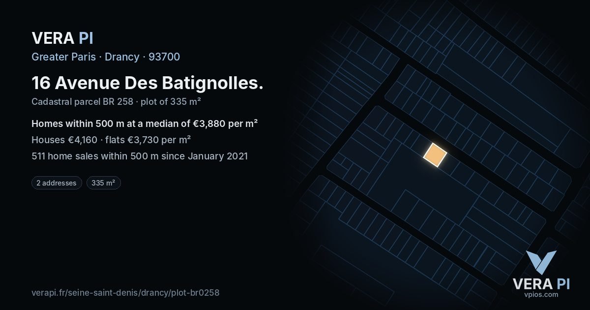 16 Avenue Des Batignolles, Drancy at night – the plot lit, the parcels around coloured by the prices near them
