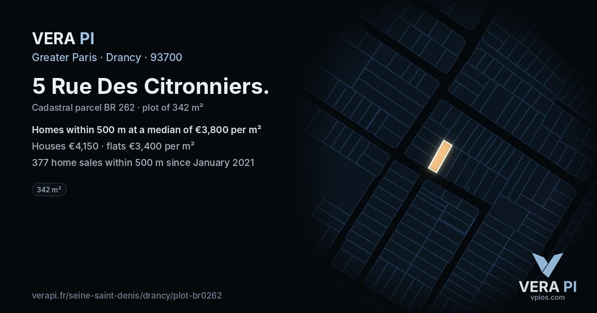 5 Rue Des Citronniers, Drancy at night – the plot lit, the parcels around coloured by the prices near them
