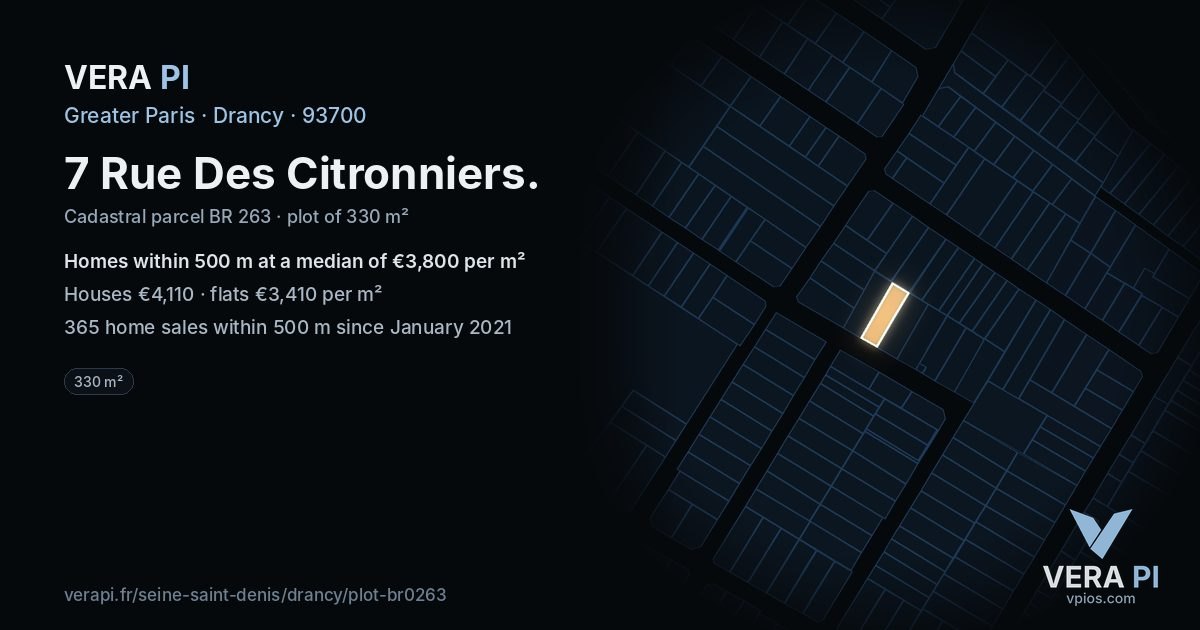 7 Rue Des Citronniers, Drancy at night – the plot lit, the parcels around coloured by the prices near them