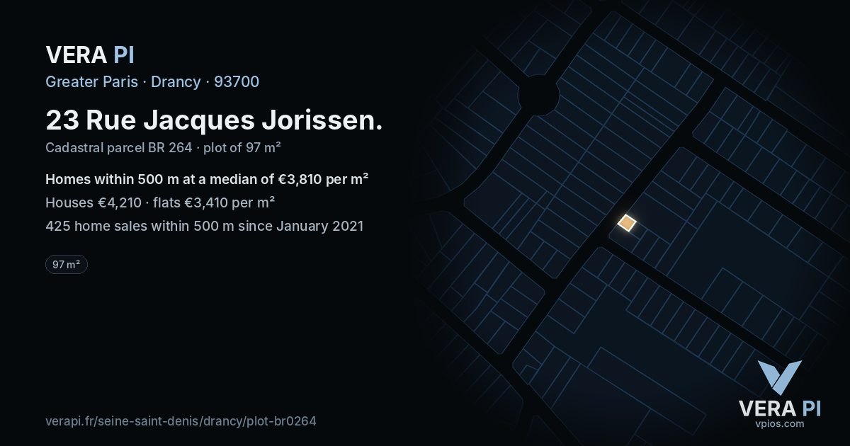 23 Rue Jacques Jorissen, Drancy at night – the plot lit, the parcels around coloured by the prices near them