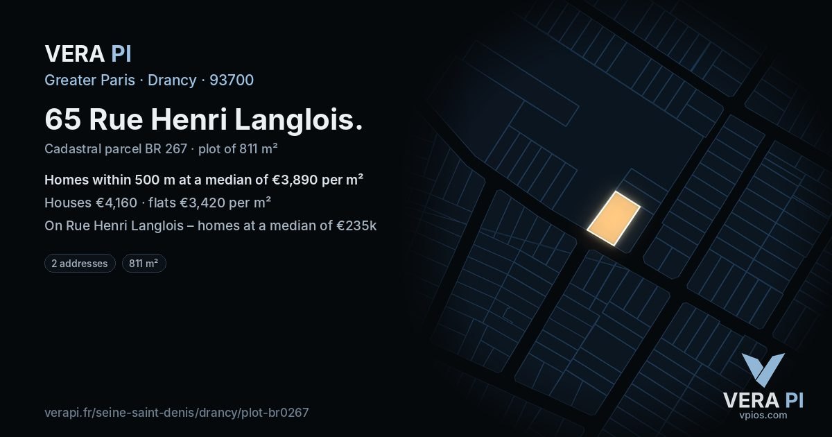 65 Rue Henri Langlois, Drancy at night – the plot lit, the parcels around coloured by the prices near them