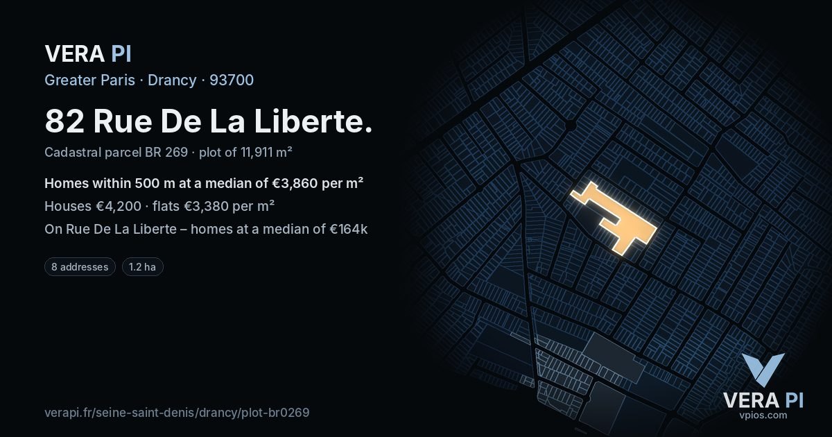 82 Rue De La Liberte, Drancy at night – the plot lit, the parcels around coloured by the prices near them