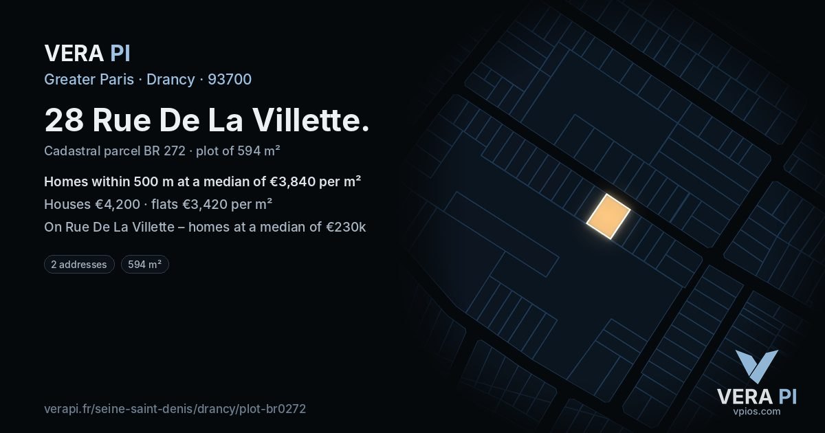 28 Rue De La Villette, Drancy at night – the plot lit, the parcels around coloured by the prices near them