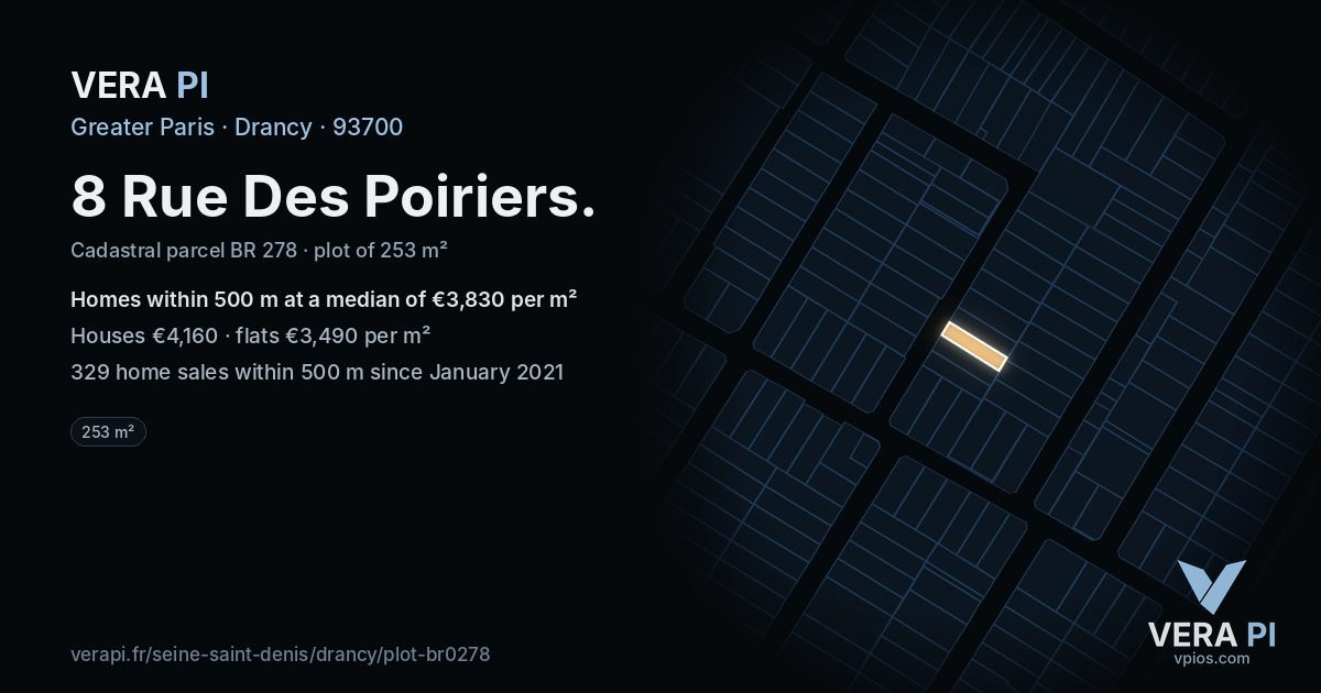 8 Rue Des Poiriers, Drancy at night – the plot lit, the parcels around coloured by the prices near them