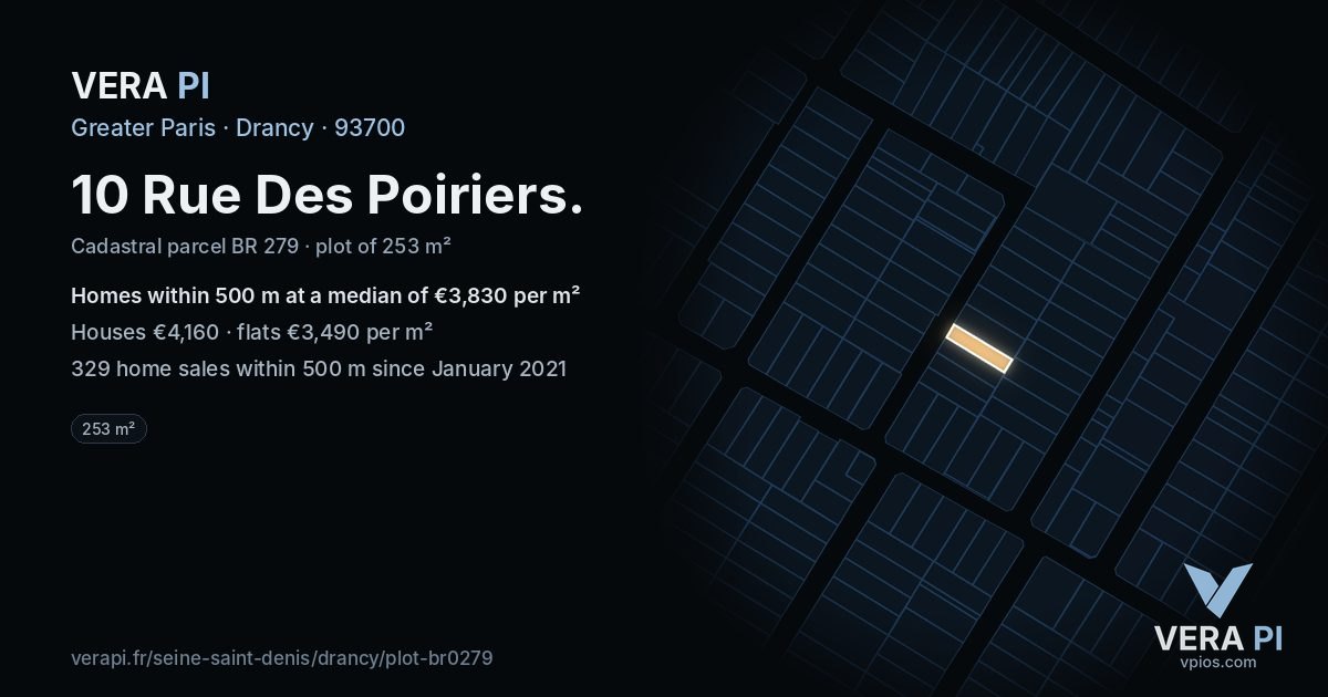 10 Rue Des Poiriers, Drancy at night – the plot lit, the parcels around coloured by the prices near them