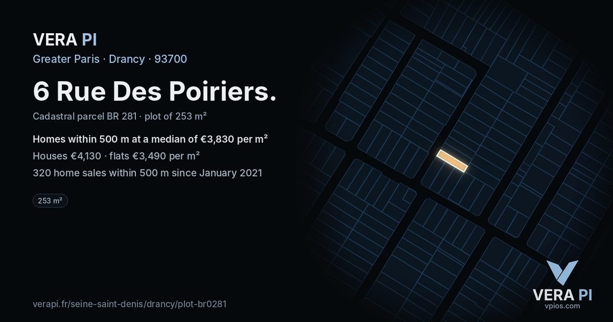 6 Rue Des Poiriers, Drancy at night – the plot lit, the parcels around coloured by the prices near them