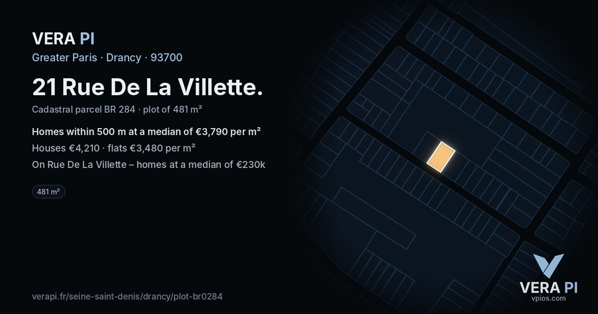 21 Rue De La Villette, Drancy at night – the plot lit, the parcels around coloured by the prices near them