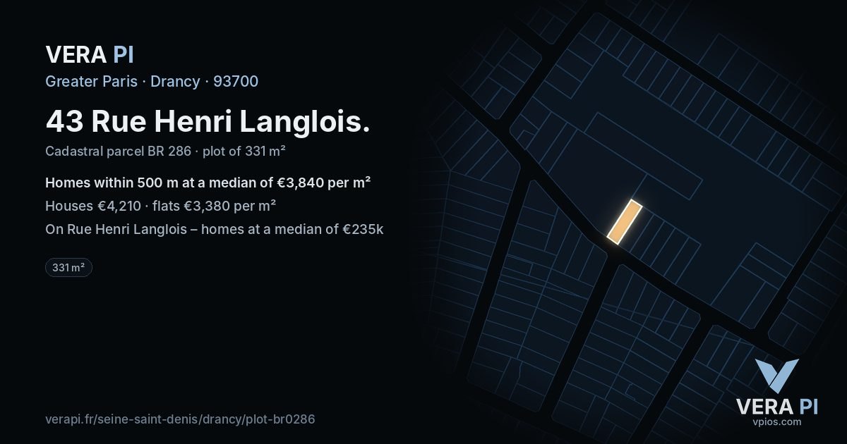 43 Rue Henri Langlois, Drancy at night – the plot lit, the parcels around coloured by the prices near them