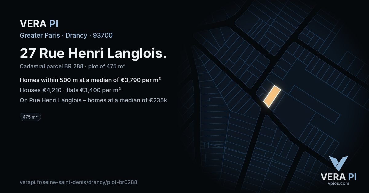 27 Rue Henri Langlois, Drancy at night – the plot lit, the parcels around coloured by the prices near them