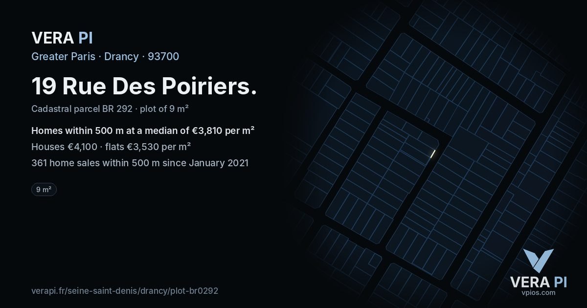 19 Rue Des Poiriers, Drancy at night – the plot lit, the parcels around coloured by the prices near them