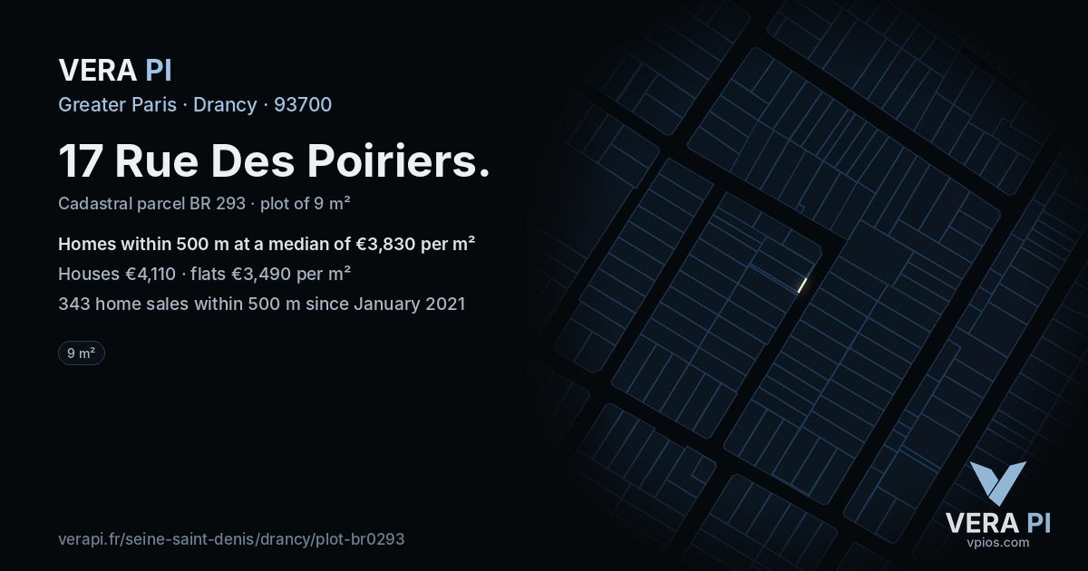 17 Rue Des Poiriers, Drancy at night – the plot lit, the parcels around coloured by the prices near them