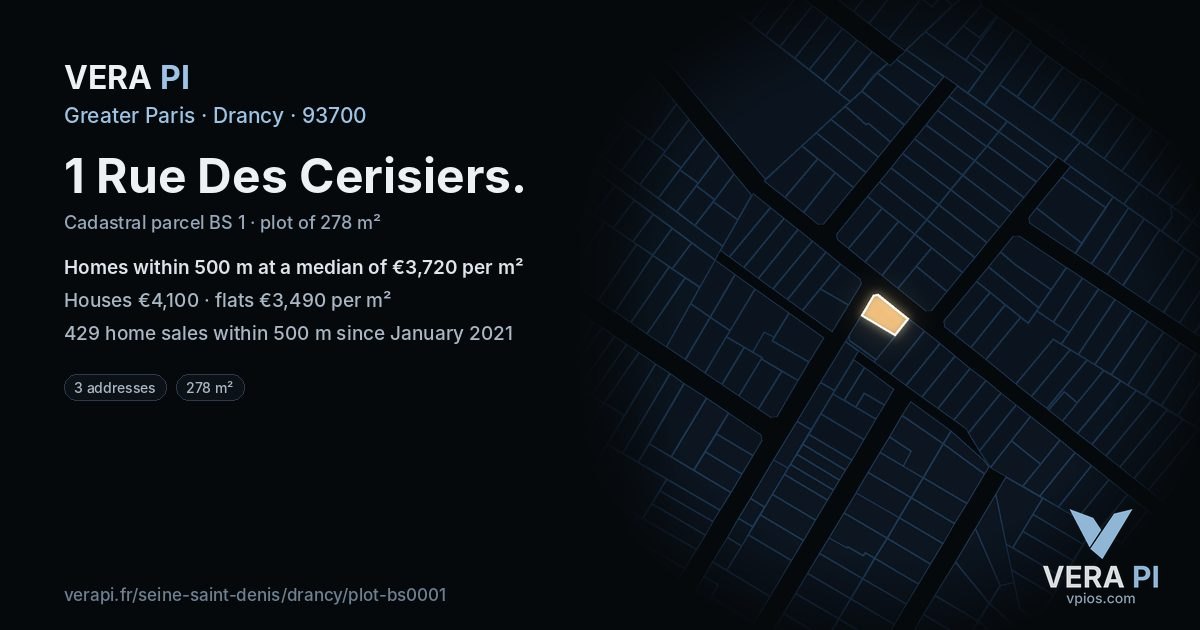 1 Rue Des Cerisiers, Drancy at night – the plot lit, the parcels around coloured by the prices near them