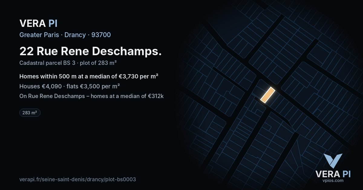 22 Rue Rene Deschamps, Drancy at night – the plot lit, the parcels around coloured by the prices near them