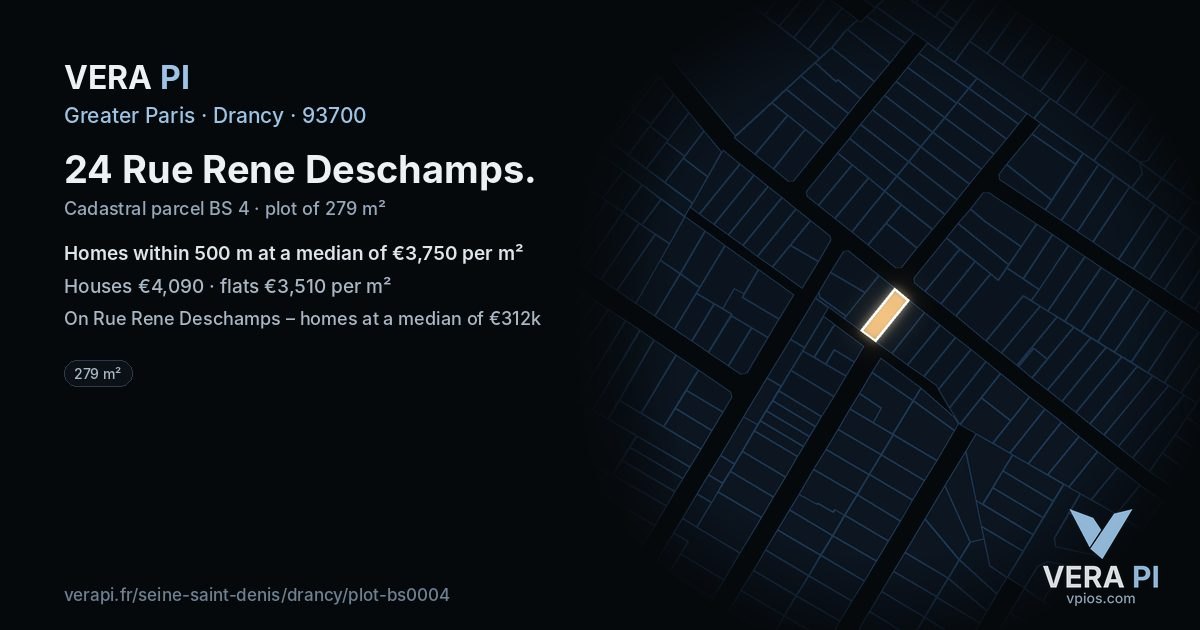 24 Rue Rene Deschamps, Drancy at night – the plot lit, the parcels around coloured by the prices near them