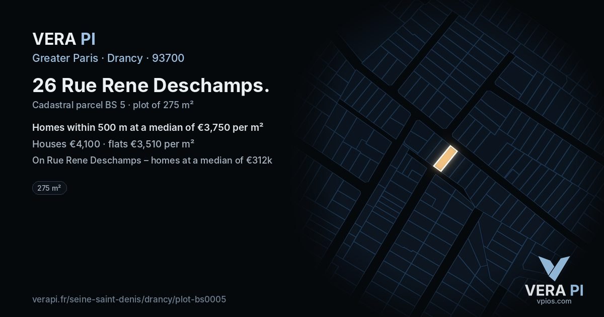 26 Rue Rene Deschamps, Drancy at night – the plot lit, the parcels around coloured by the prices near them