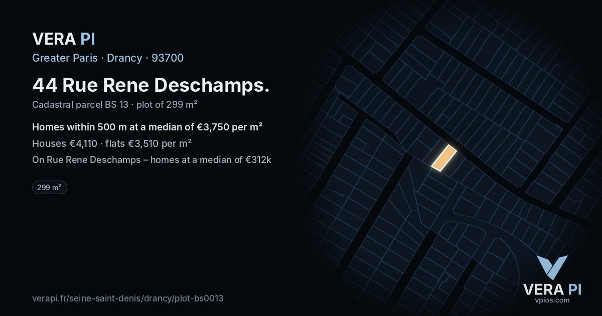 44 Rue Rene Deschamps, Drancy at night – the plot lit, the parcels around coloured by the prices near them