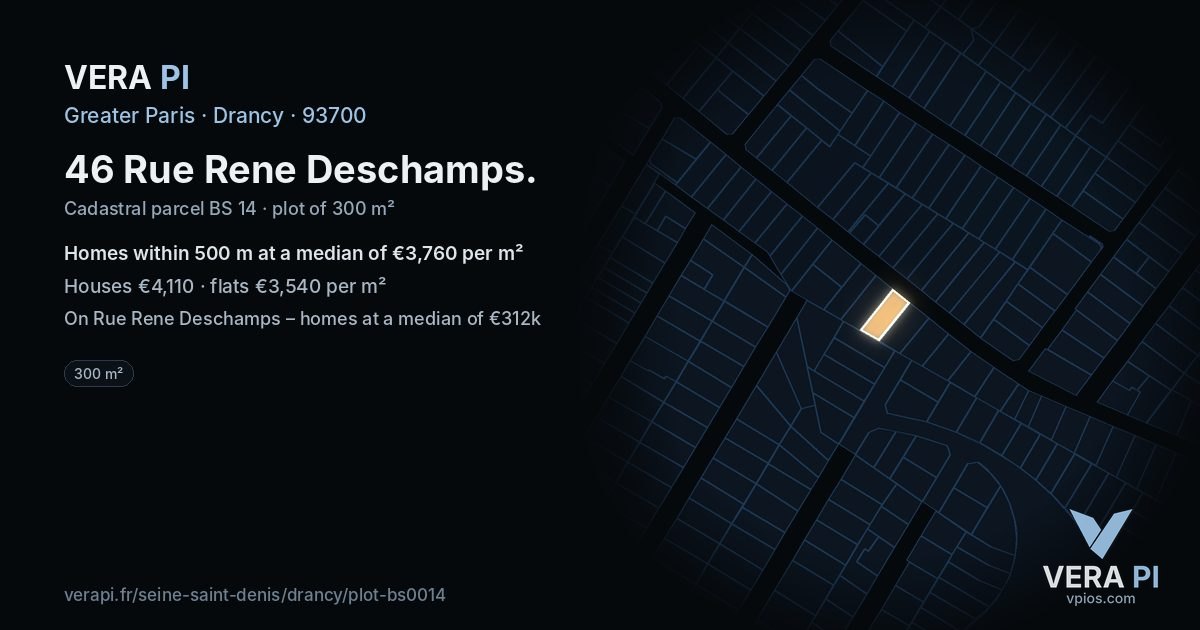 46 Rue Rene Deschamps, Drancy at night – the plot lit, the parcels around coloured by the prices near them