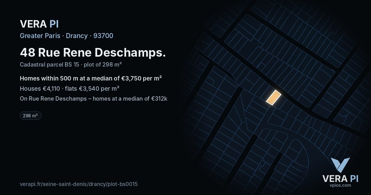 48 Rue Rene Deschamps, Drancy at night – the plot lit, the parcels around coloured by the prices near them