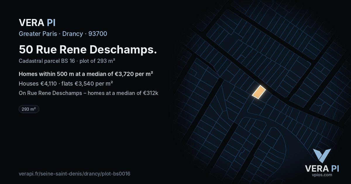 50 Rue Rene Deschamps, Drancy at night – the plot lit, the parcels around coloured by the prices near them