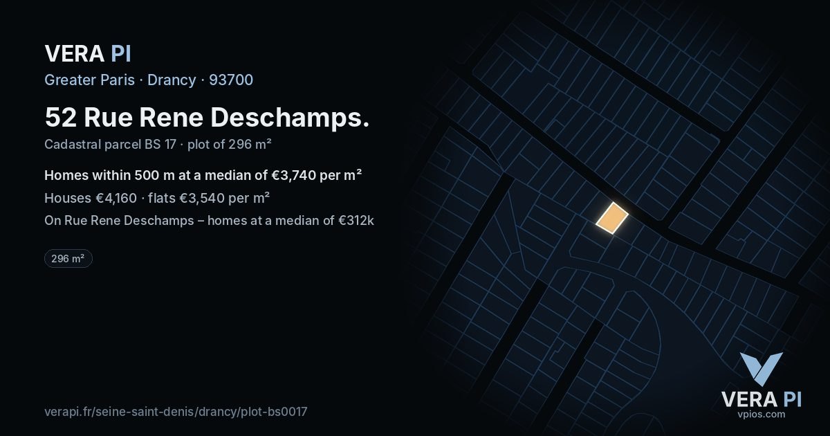 52 Rue Rene Deschamps, Drancy at night – the plot lit, the parcels around coloured by the prices near them
