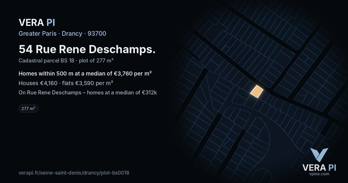 54 Rue Rene Deschamps, Drancy at night – the plot lit, the parcels around coloured by the prices near them