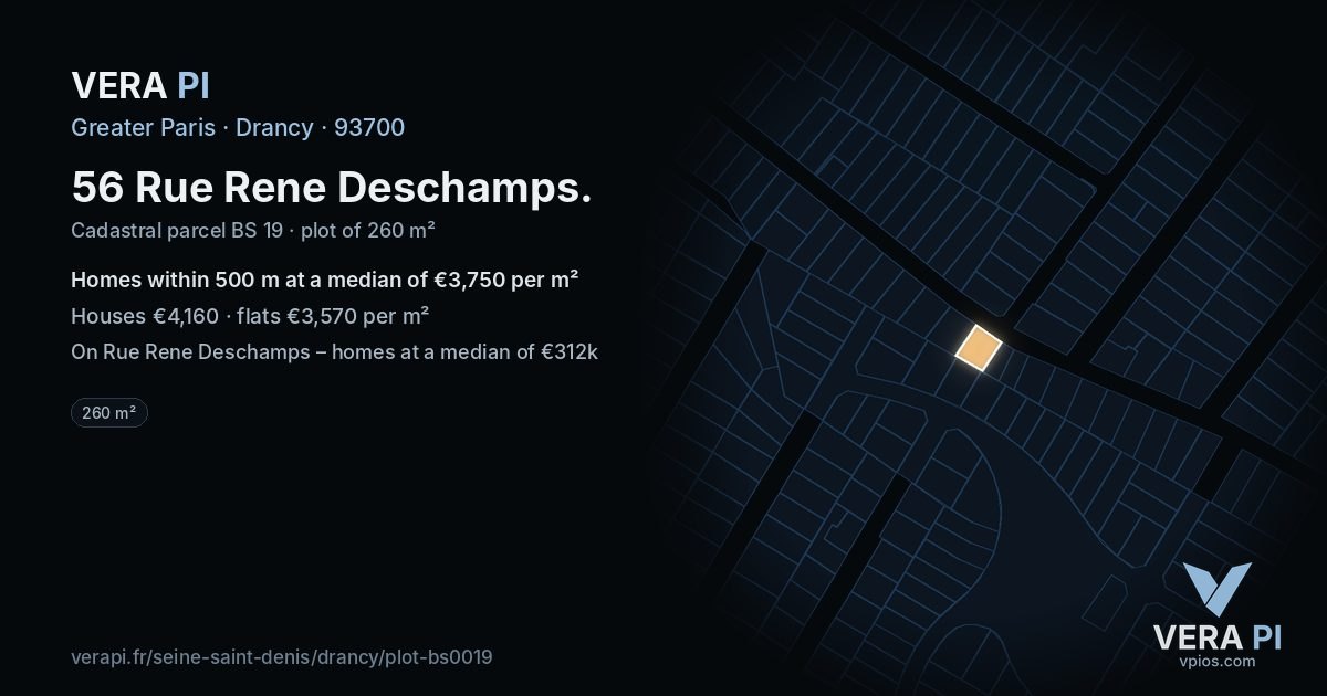 56 Rue Rene Deschamps, Drancy at night – the plot lit, the parcels around coloured by the prices near them