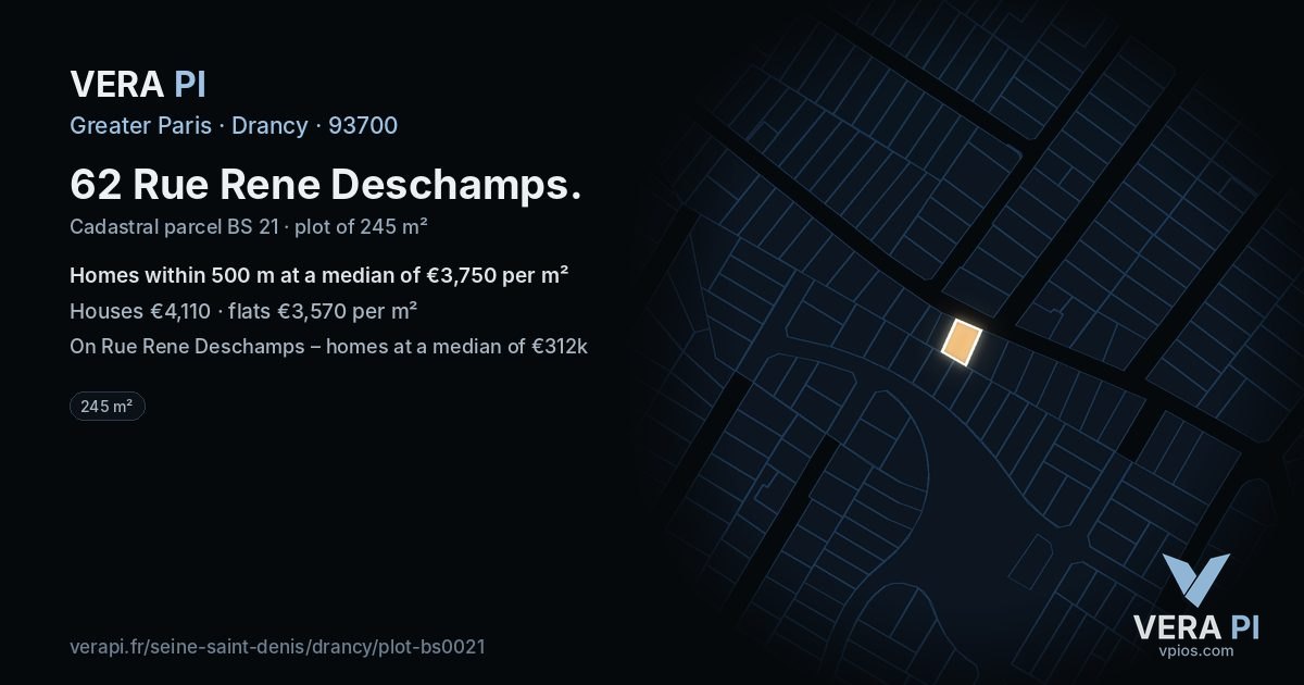 62 Rue Rene Deschamps, Drancy at night – the plot lit, the parcels around coloured by the prices near them